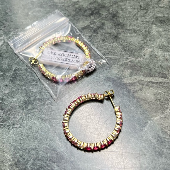 Hoop Earrings Gold Plated Adina Eden Jewels Pink Multi Colored Round Stone NWT - Picture 4 of 12